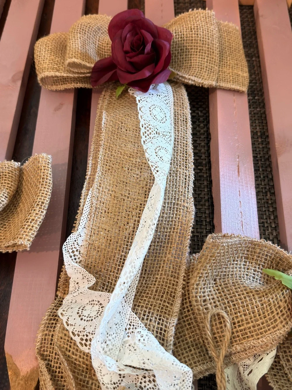 Rustic Burlap & Lace Pew Bow with Burgundy Rose - Set of 16 with Wood Stakes